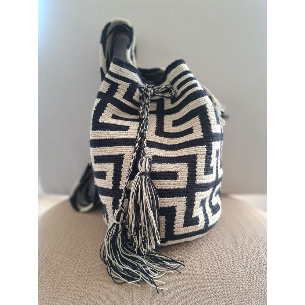 Handmade
Bucket Bag Black Cream Geometric Greek Key Crossbody Boho